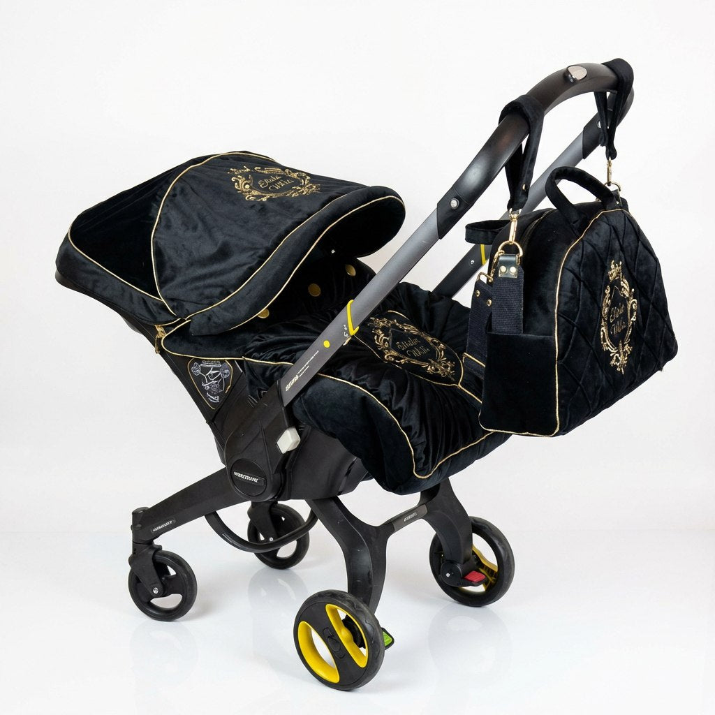 black and gold stroller and car seat Black & Gold Personalized Doona Car Seat Accessories Set – Boss and Baby