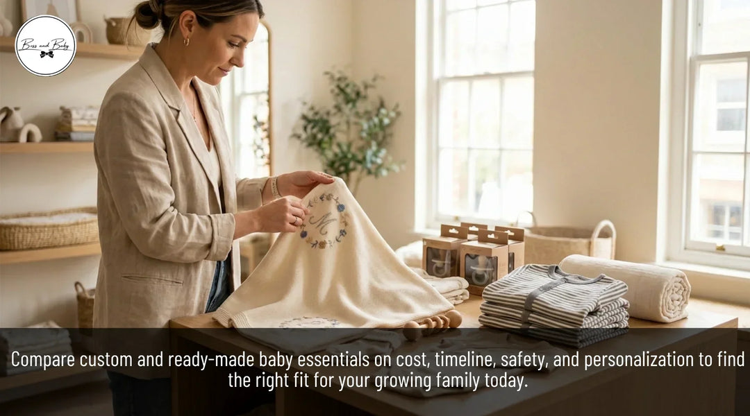 A woman examines a handmade baby blanket beside folded textiles overlay compares custom and ready-made baby essentials