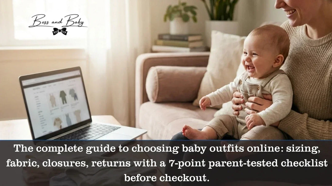 Parent holding baby while shopping for baby outfits online on a laptop