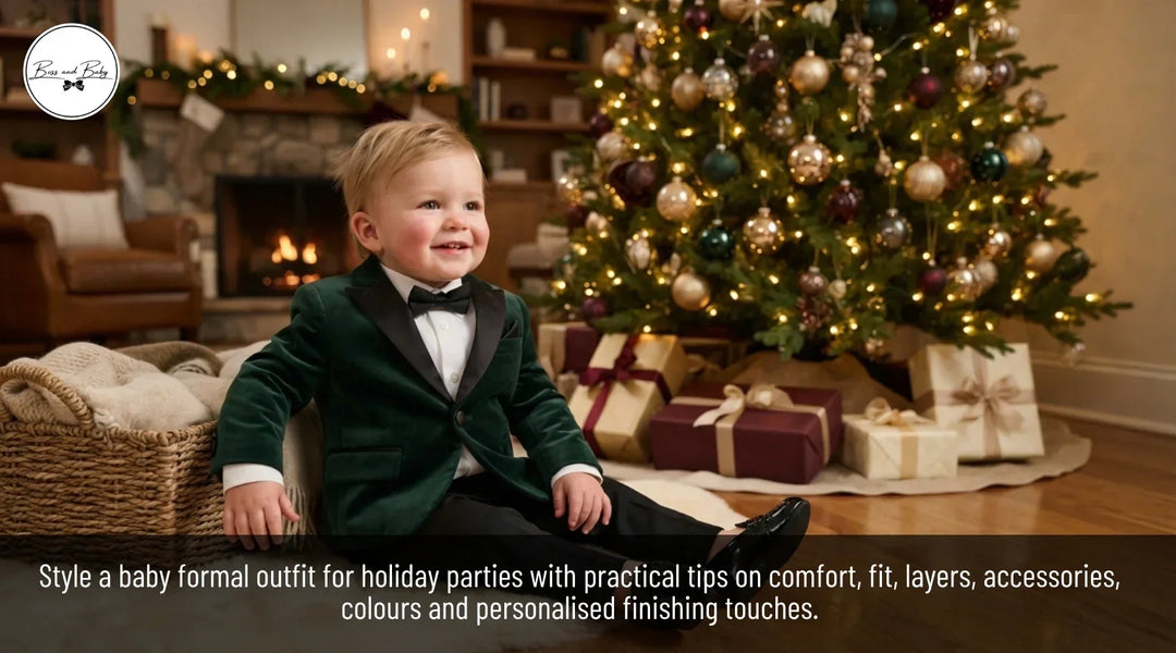 Smiling toddler in a green velvet tuxedo sits beside a glowing Christmas tree and wrapped gifts in a cozy living room; festive style