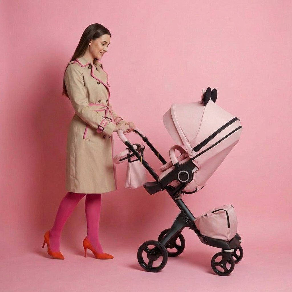 Woman in beige coat and pink heels pushing a stroller with blush pink winter stroller cover set against a pink background.