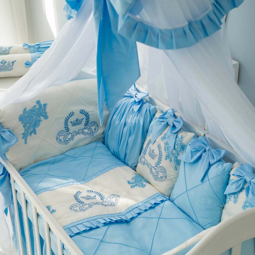 Luxury Light Blue Baby Crib Bedding Set with Embroidery