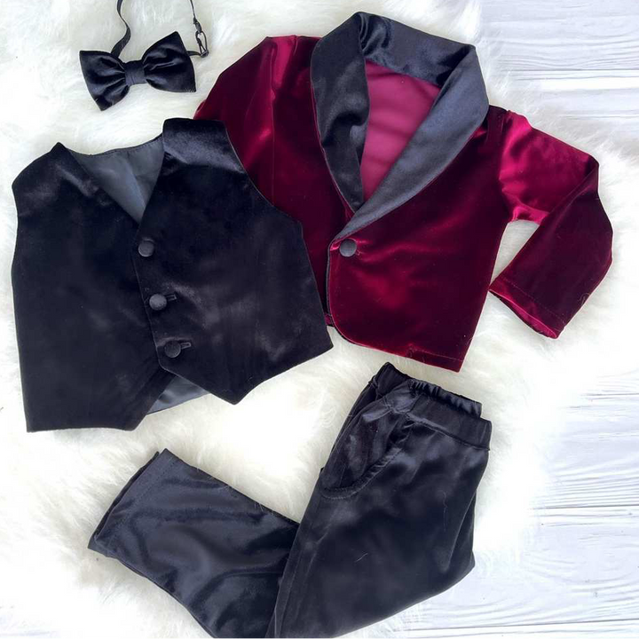 Baby Boy Velvet Tuxedo – Burgundy Jacket with Black Collar