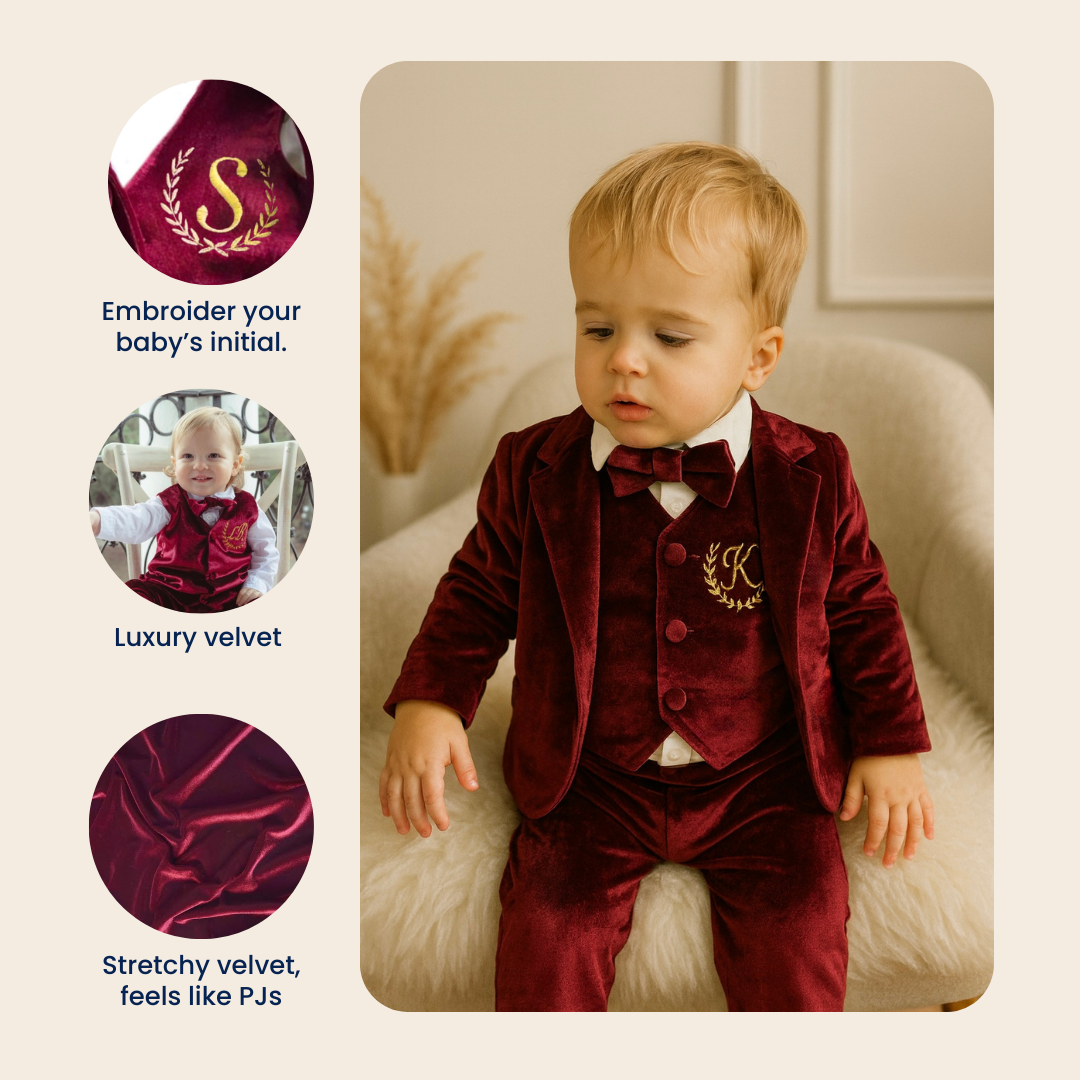 Personalized Burgundy Velvet Baby Boy Suit with Bow Tie
