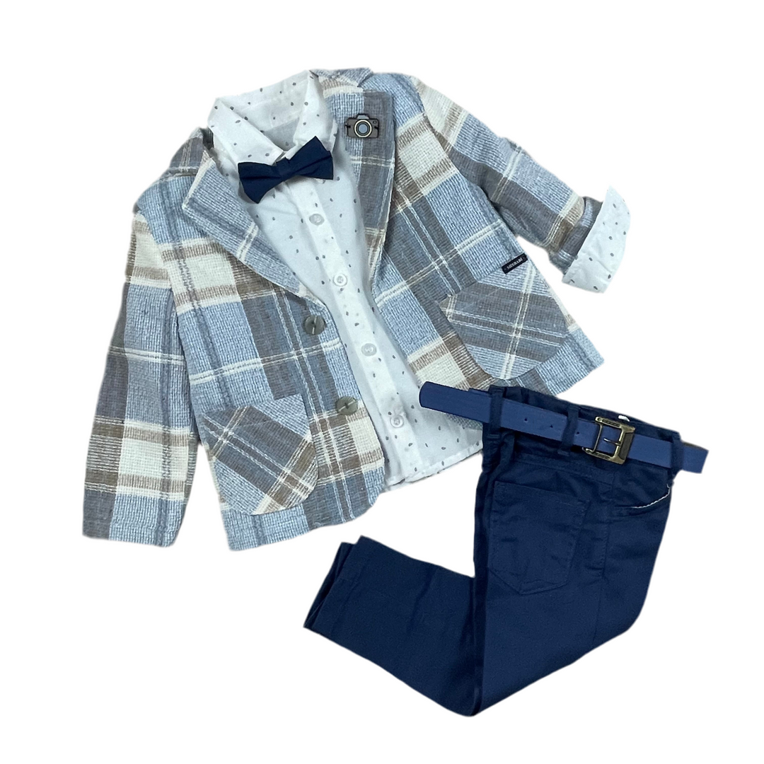 Boys’ Blue Checkered Suit with Navy Pants and Bow Tie
