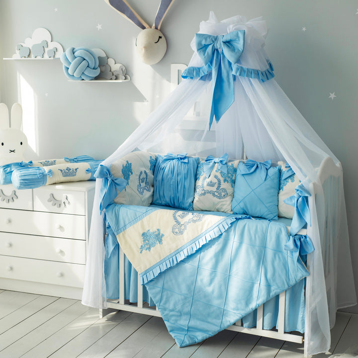 Luxury Light Blue Baby Crib Bedding Set with Embroidery