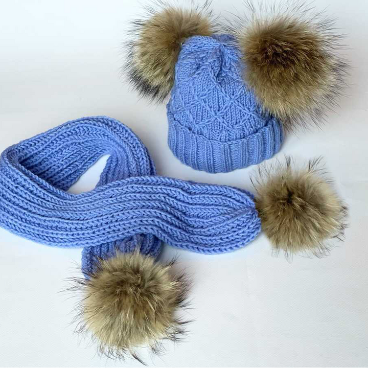 Handmade Baby Knit Pom Pom Hat & Scarf Winter Set