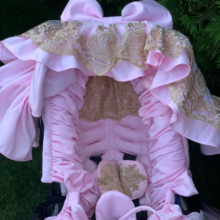 pink and gold car seat and stroller Luxury Pink Baby Car Seat Cover Set with Gold Lace