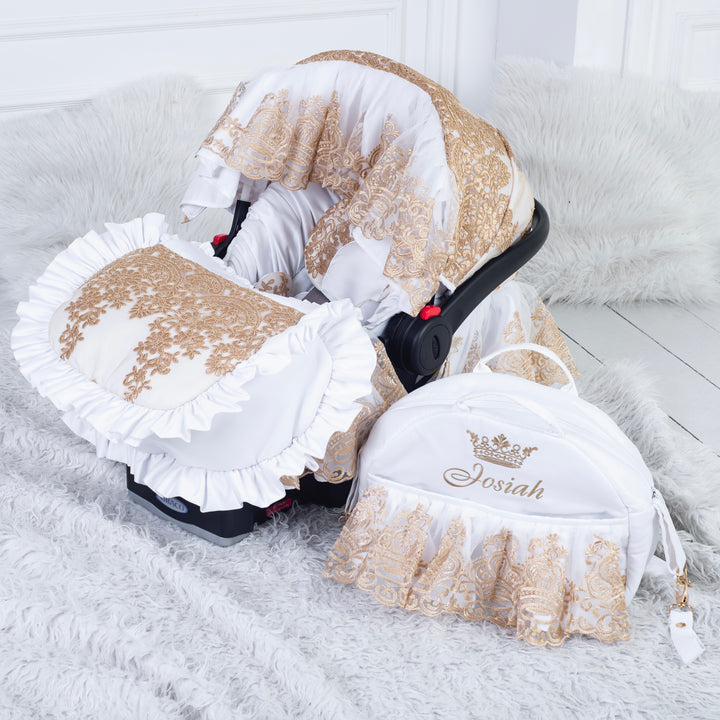 White & Gold Lace Baby Car Seat Cover Set with Personalization