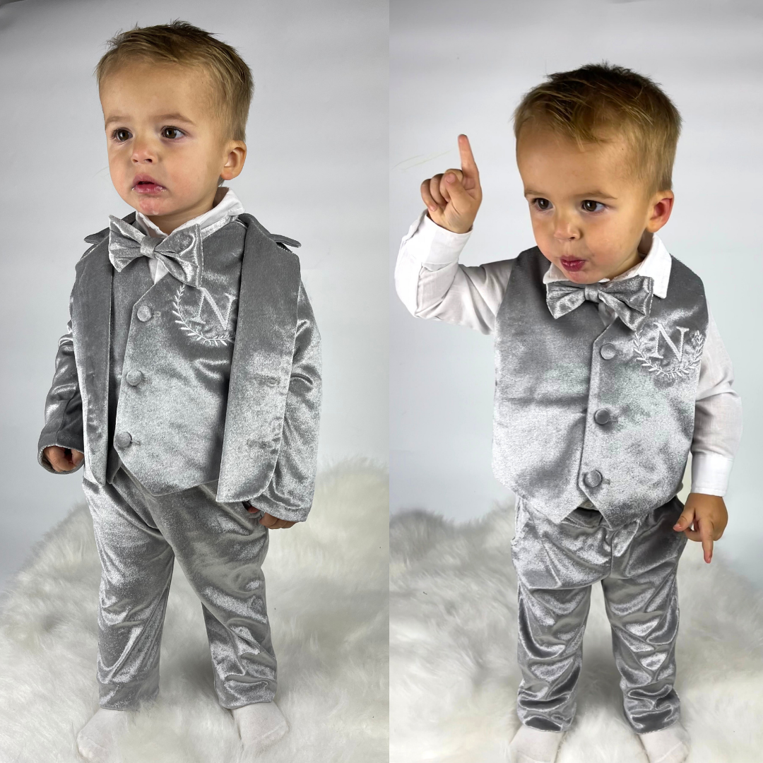 Personalized Baby Boy Suit – Silver Grey Velvet Jacket Set