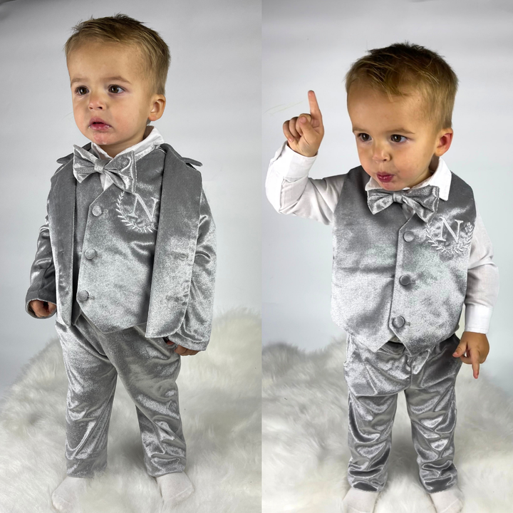 Personalized Baby Boy Suit – Silver Grey Velvet Jacket Set