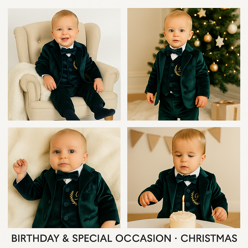 Collage of a baby in a formal green suit with a bow tie in various settings.