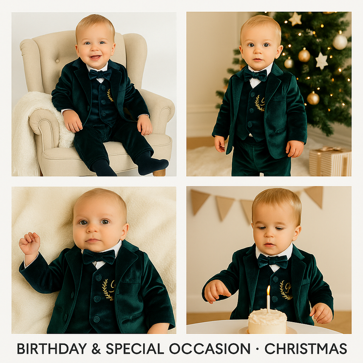 Collage of a baby in a formal green suit with a bow tie in various settings.