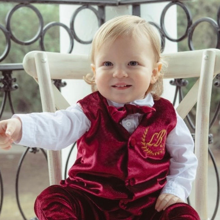 Personalized Burgundy Velvet Baby Boy Suit with Bow Tie