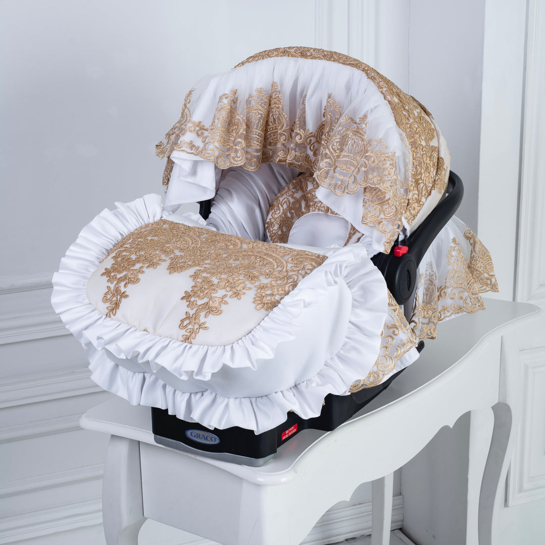 White & Gold Lace Baby Car Seat Cover Set with Personalization