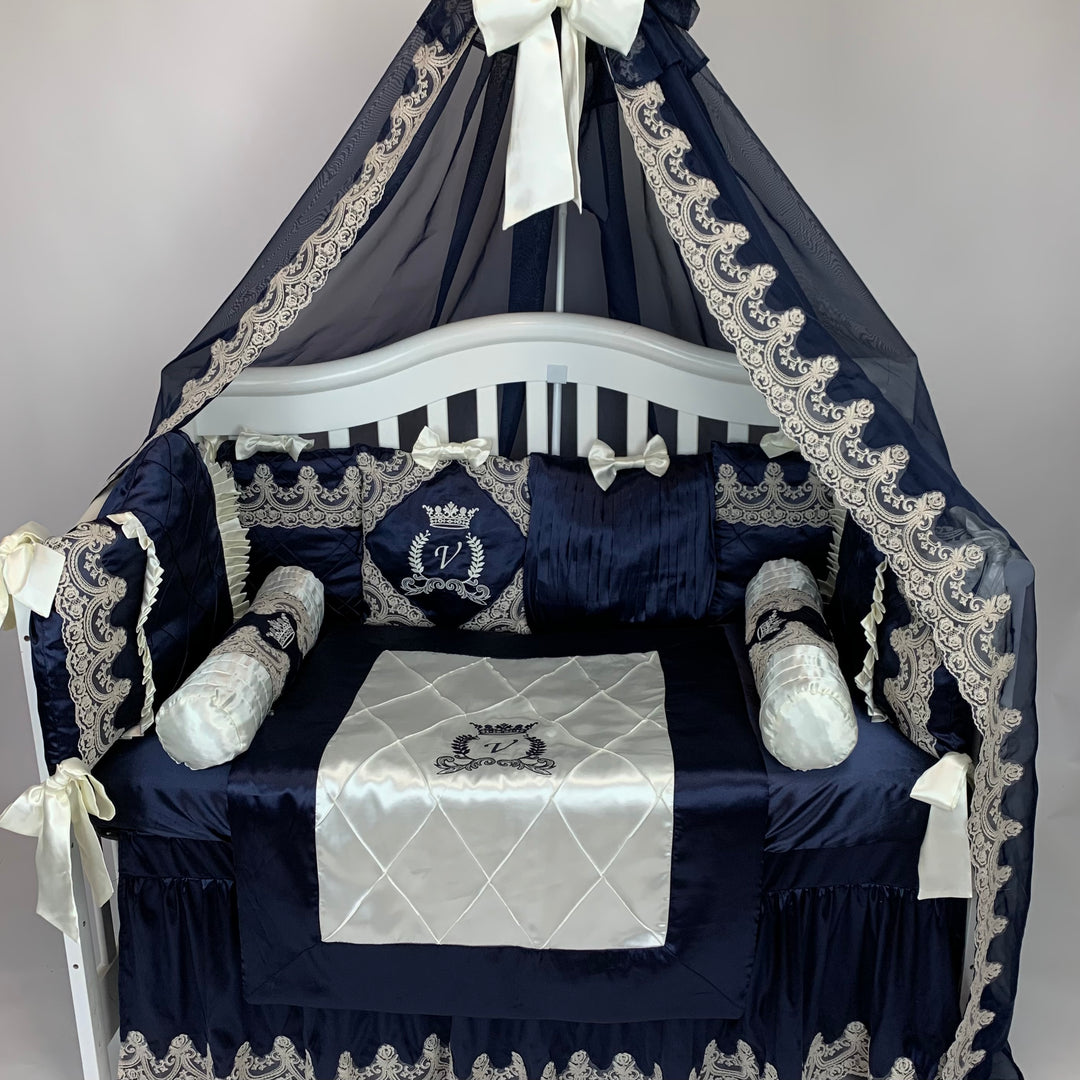 Luxury Royal Blue & Ivory Baby Bedding Set with Canopy