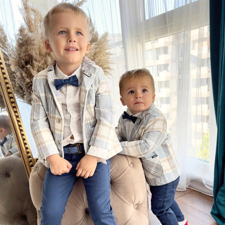 Boys’ Blue Checkered Suit with Navy Pants and Bow Tie