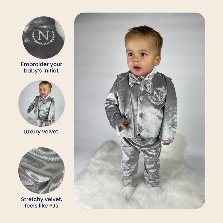 Personalized Baby Boy Suit – Silver Grey Velvet Jacket Set