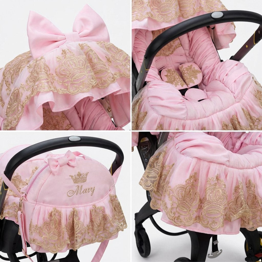 Luxury Pink Baby Car Seat Cover Set with Gold Lace