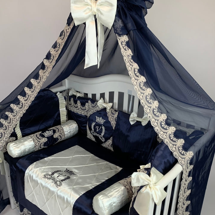 Luxury Royal Blue & Ivory Baby Bedding Set with Canopy