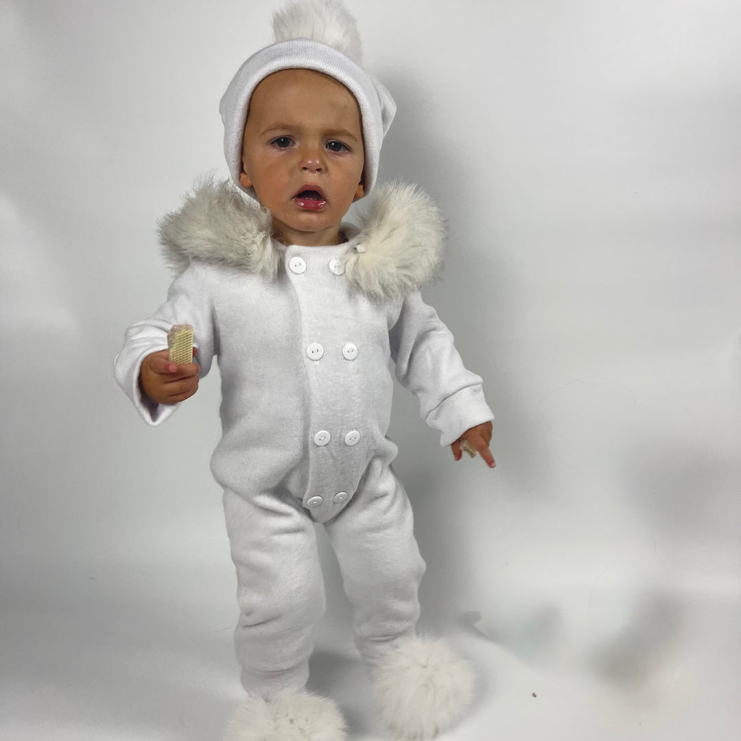 Snowy White Baby Romper with Fur Trim for Winter