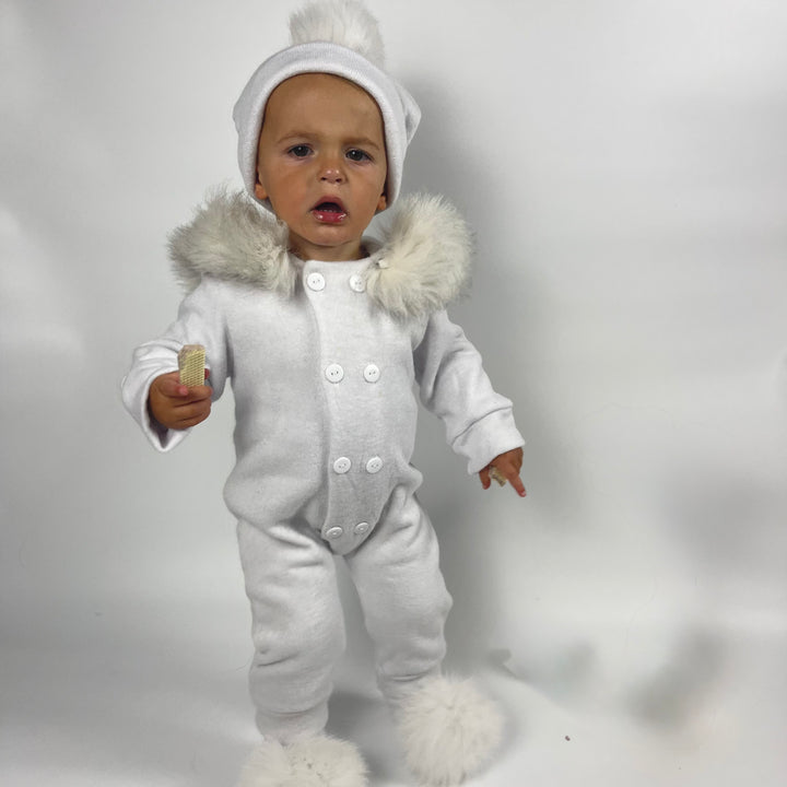 Snowy White Baby Romper with Fur Trim for Winter