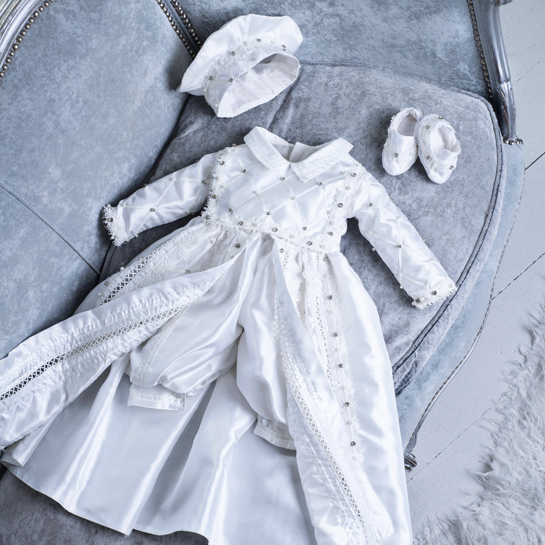 Handmade Baby Boy Baptism Gown with Pearls & Rhinestones