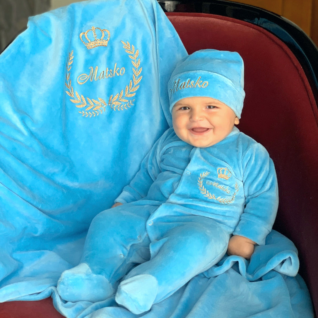 Baby Blue Velvet Coming Home Outfit with Monogram Blanket