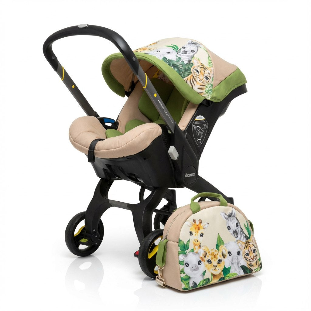Safari-themed infant car seat with custom fabric cover, beige and green canopy featuring animal print, shown with matching diaper bag on a white background.
