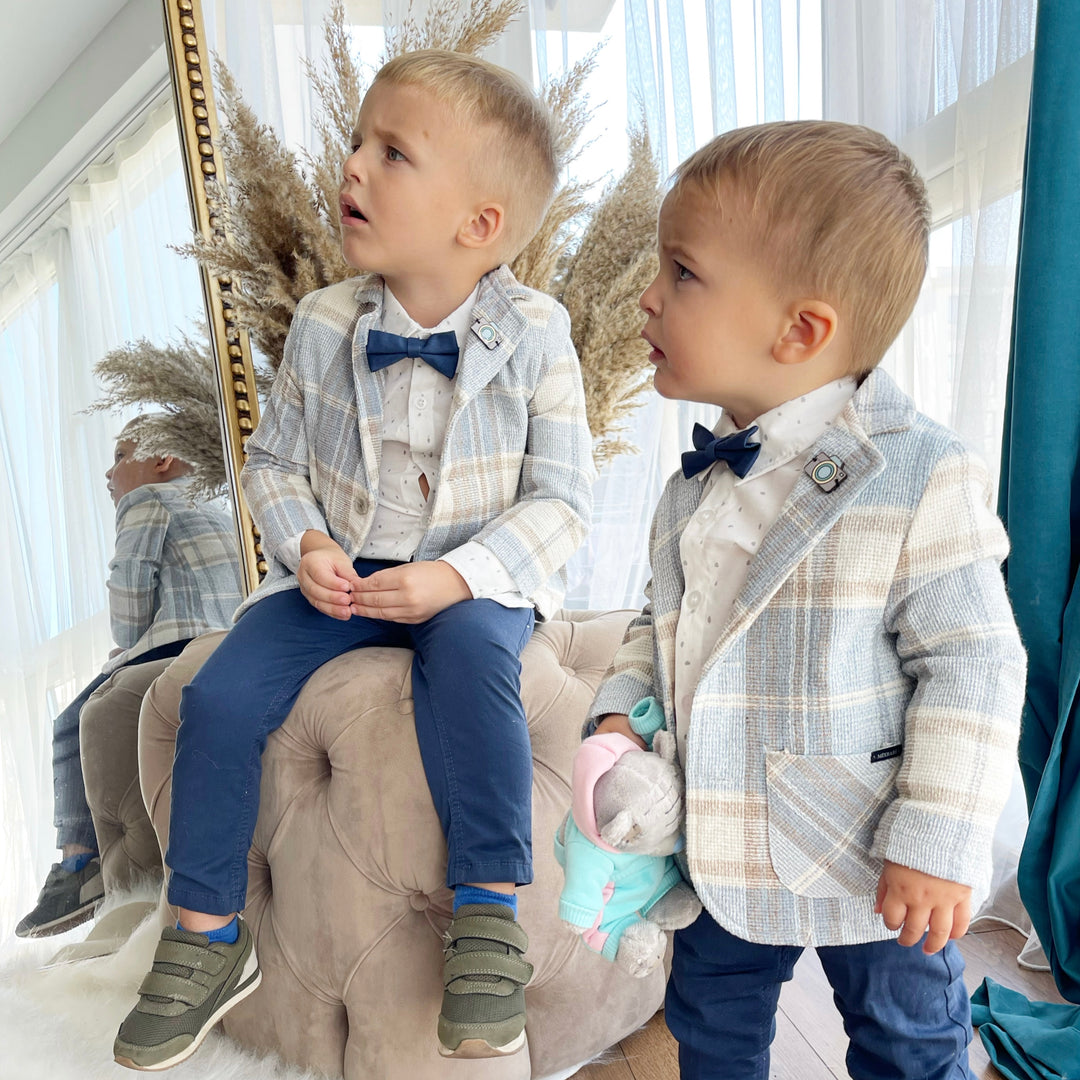 Boys’ Blue Checkered Suit with Navy Pants and Bow Tie
