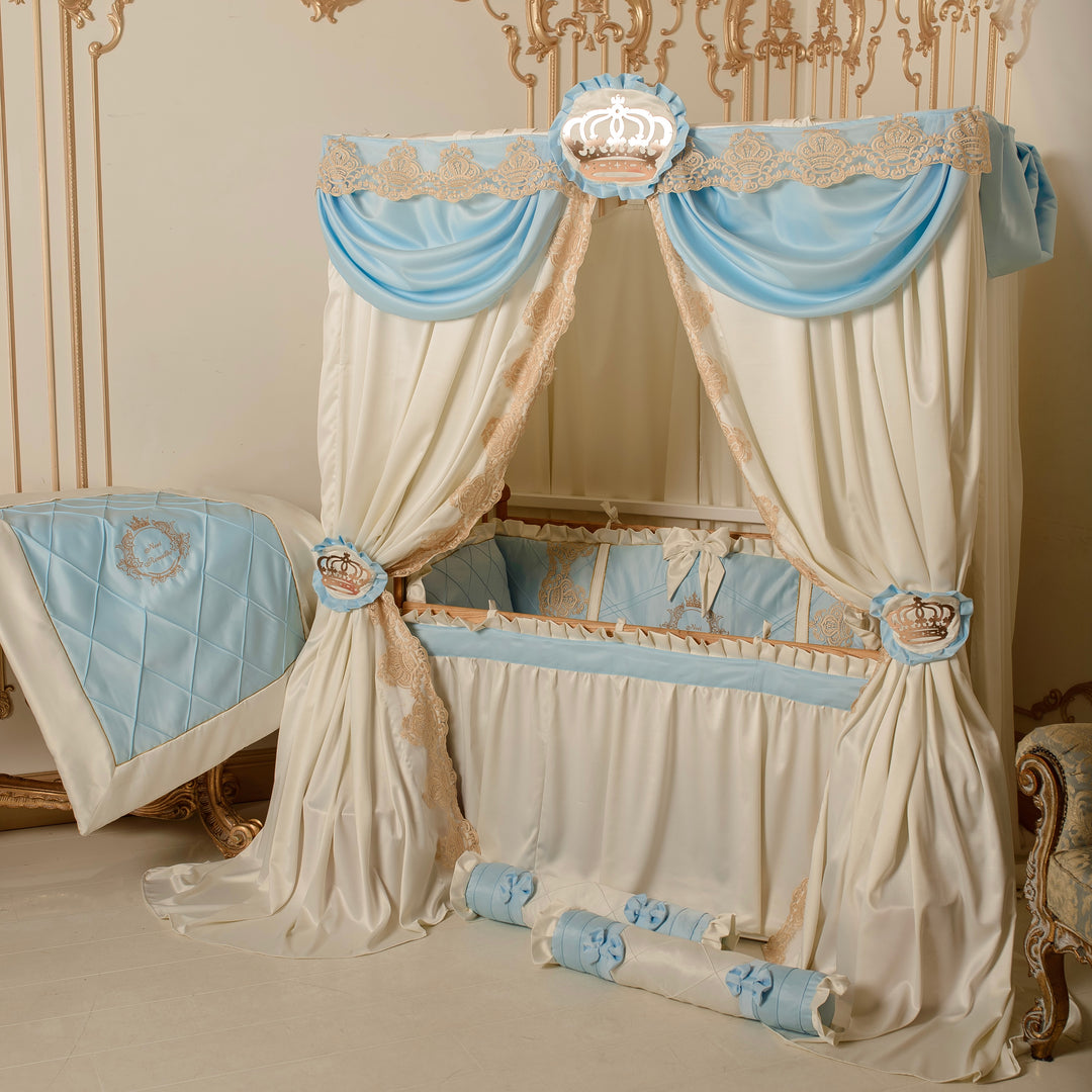 Luxury Baby Blue & Ivory Lace Bedding Set for Cribs