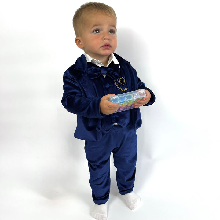 Navy Blue Velvet Baby Boy Suit – Personalized Formal Outfit