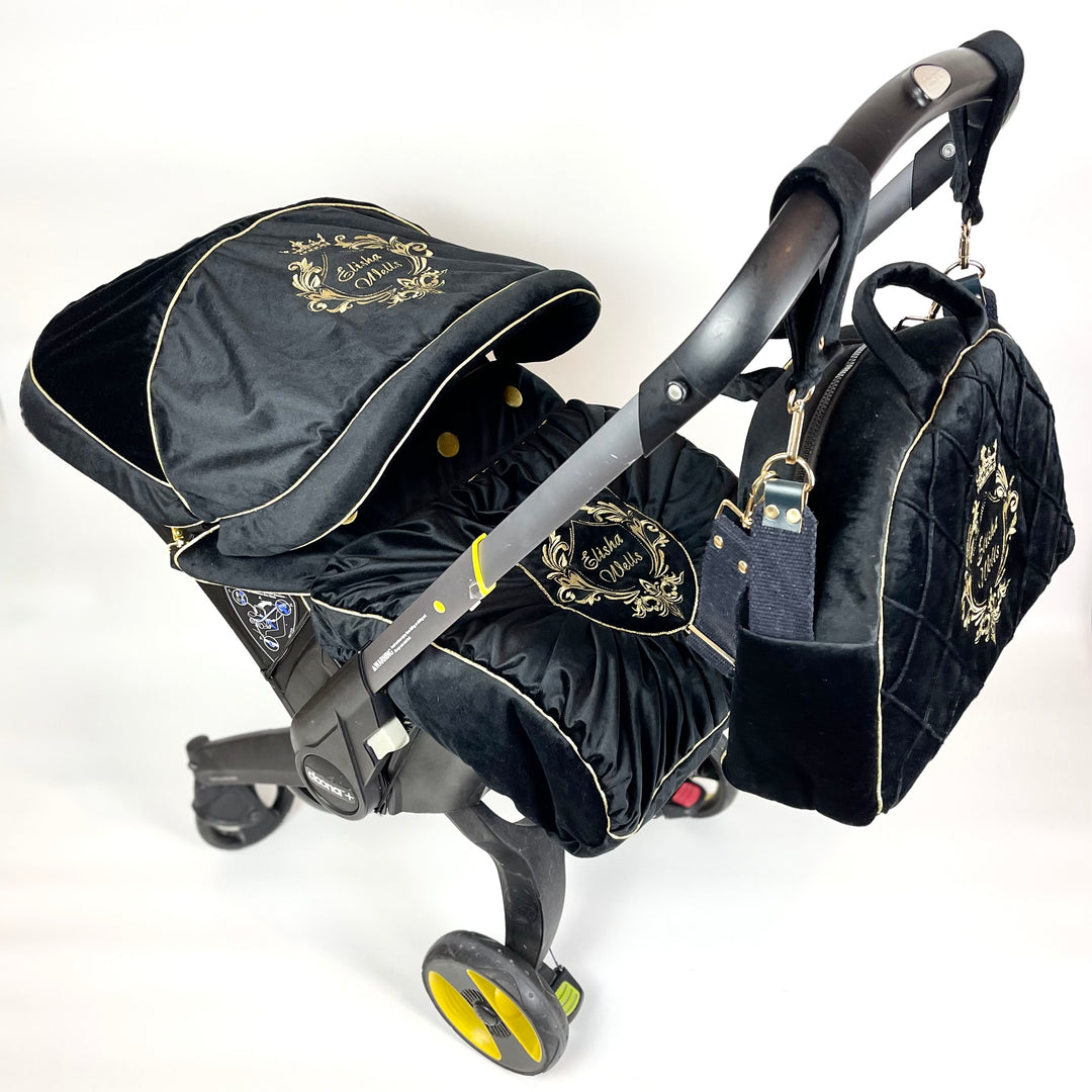 Black and Gold velvet Personalized Doona Car Seat Accessories Set 