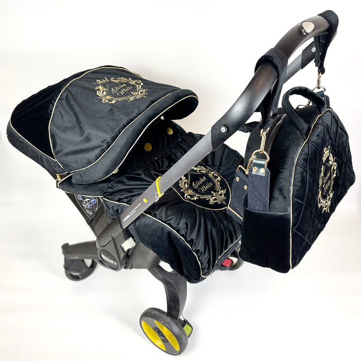 Black and Gold velvet Personalized Doona Car Seat Accessories Set 