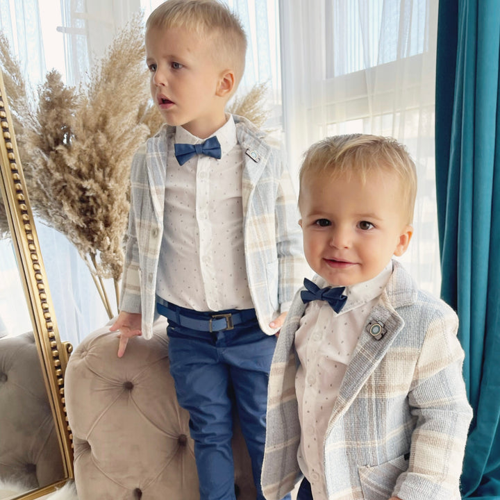 Boys’ Blue Checkered Suit with Navy Pants and Bow Tie