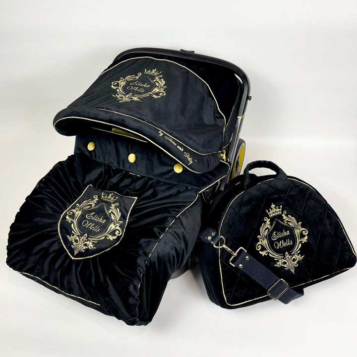 Black and Gold Personalized Doona Car Seat replacement Set