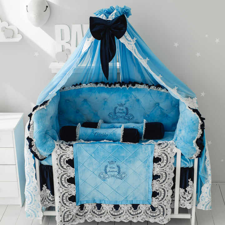 Luxury Sky Blue Baby Boy Bedding Set with Lace Embroidery