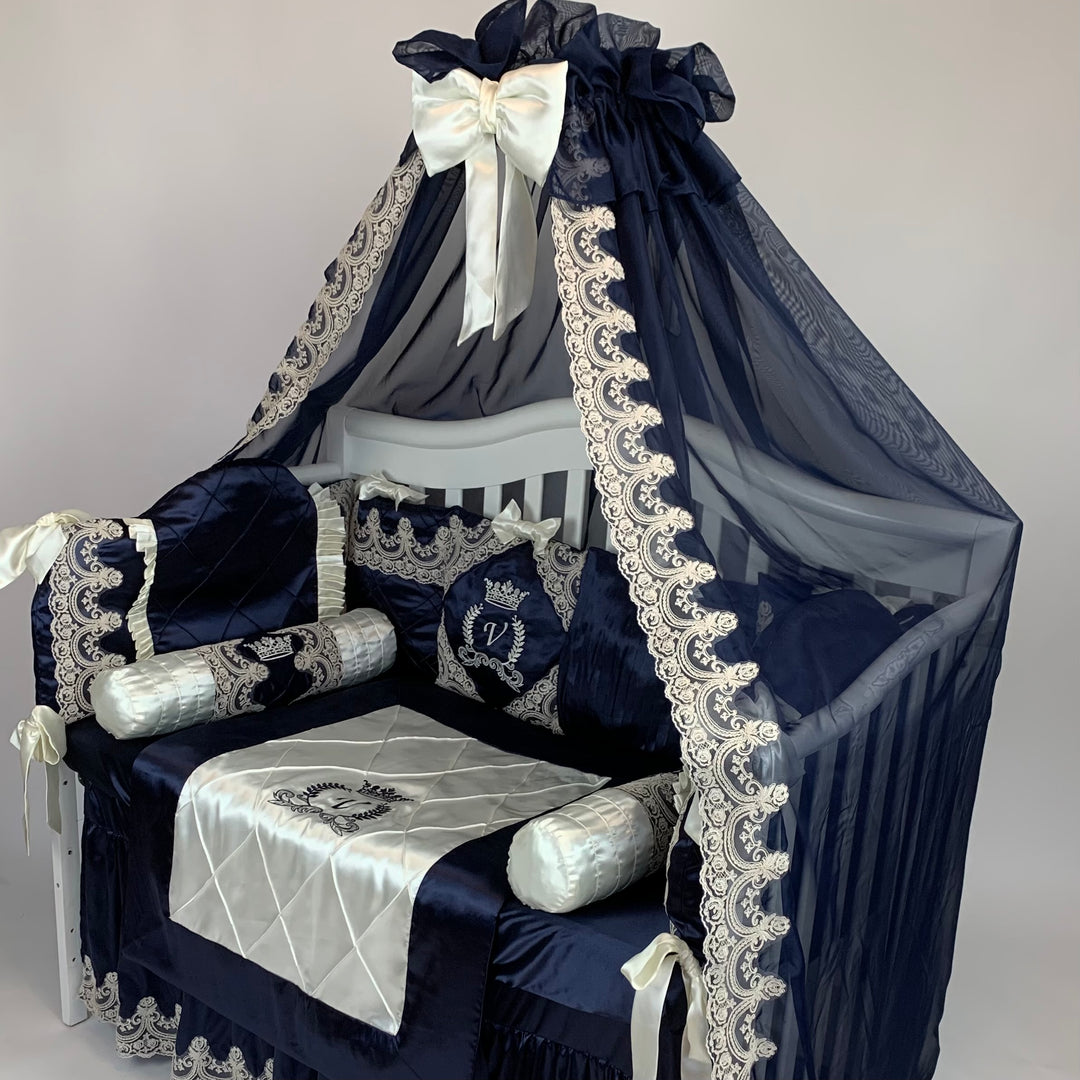 Luxury Royal Blue & Ivory Baby Bedding Set with Canopy