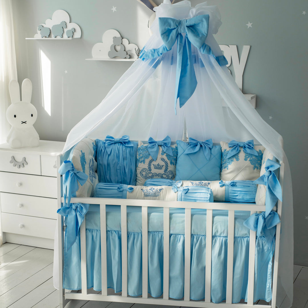 Luxury Light Blue Baby Crib Bedding Set with Embroidery