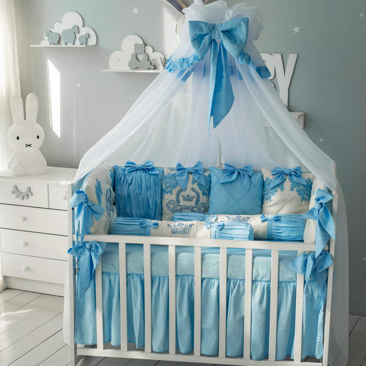 Luxury Light Blue Baby Crib Bedding Set with Embroidery