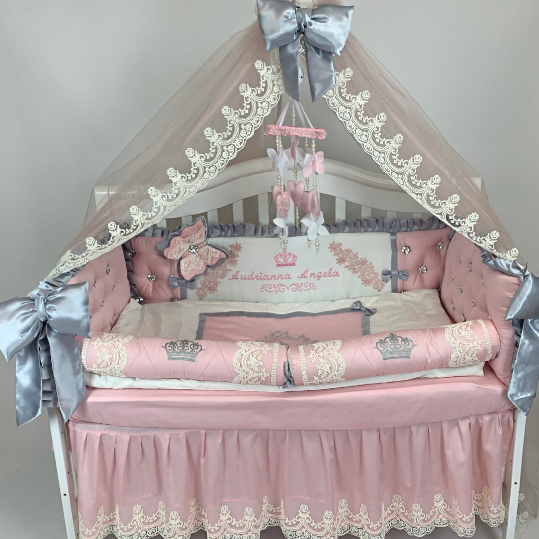 Pink Elegant Princess Luxury Crib Bedding Set with Canopy full set