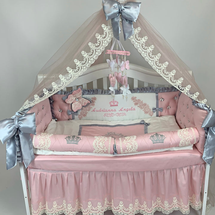 Pink Elegant Princess Luxury Crib Bedding Set with Canopy full set