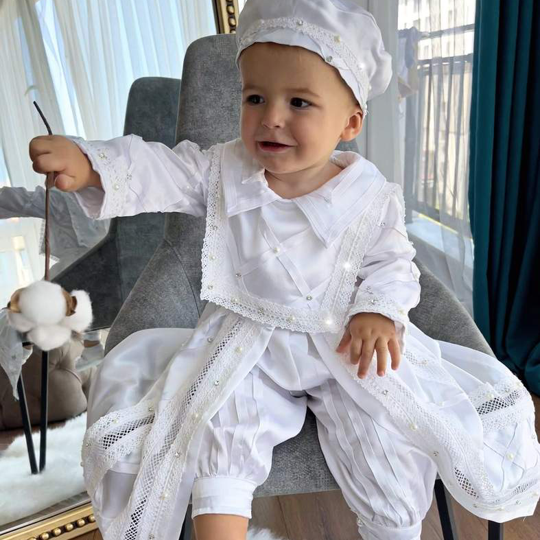 Handmade Baby Boy Baptism Gown with Pearls & Rhinestones