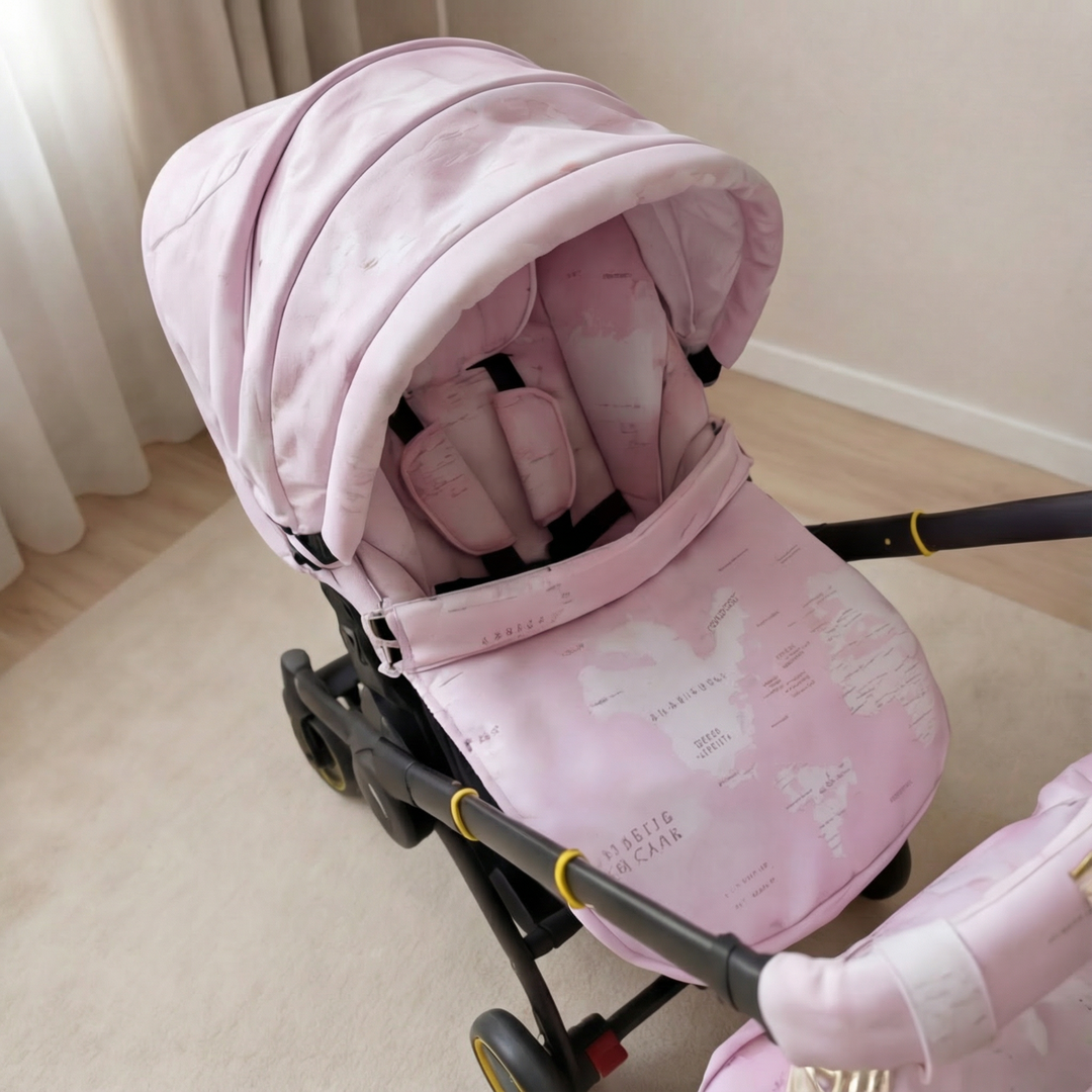 Front angled interior view of pink world map cover set installed on Doona X car seat, featuring padded canopy and seat cover.