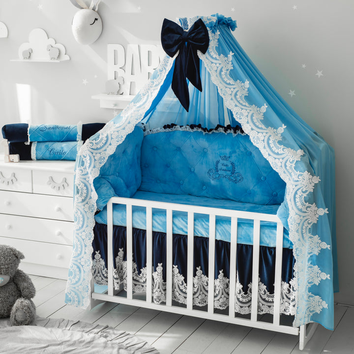 Luxury Sky Blue Baby Boy Bedding Set with Lace Embroidery