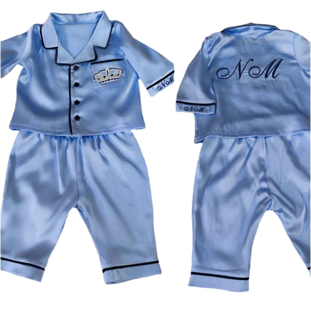 Blue Silk Baby Pajamas – Personalized Newborn PJ Set