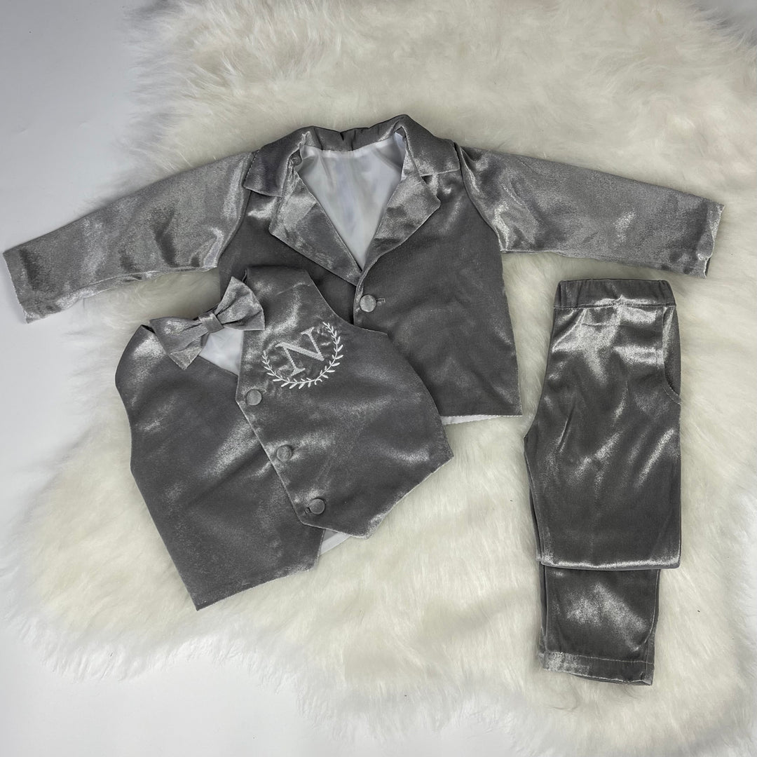 Personalized Baby Boy Suit – Silver Grey Velvet Jacket Set
