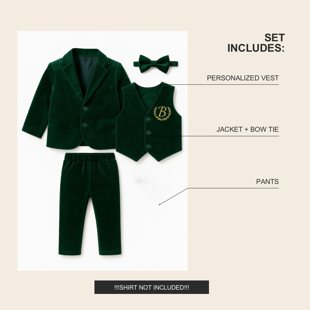 Green velvet children's suit set with jacket, pants, and bow tie on a beige background.