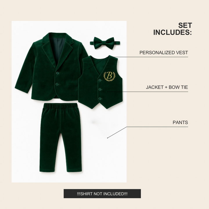 Green velvet children's suit set with jacket, pants, and bow tie on a beige background.