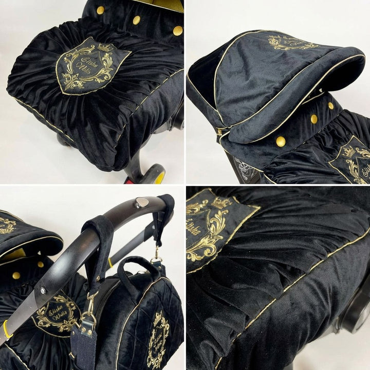Black velvet Doona+ cover set collage featuring gold embroidered crest, gold piping, velvet footmuff with buttons and matching diaper bag.